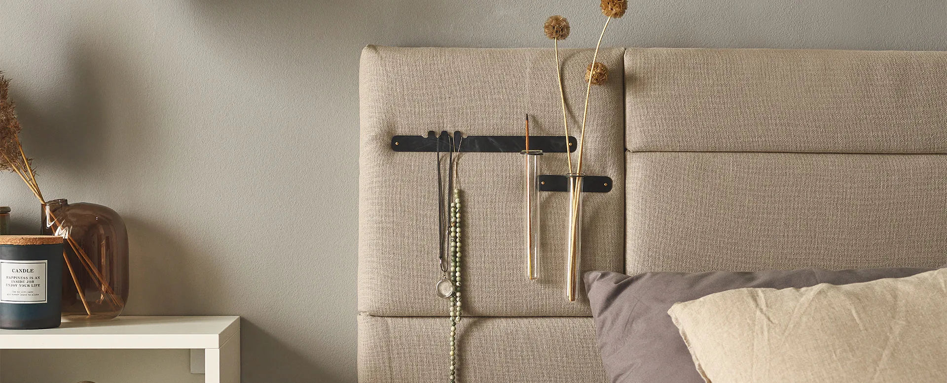 Padded Wall Boards Accessories - Decorative Strip 1 Black behind bed on beige panel Decormania UK